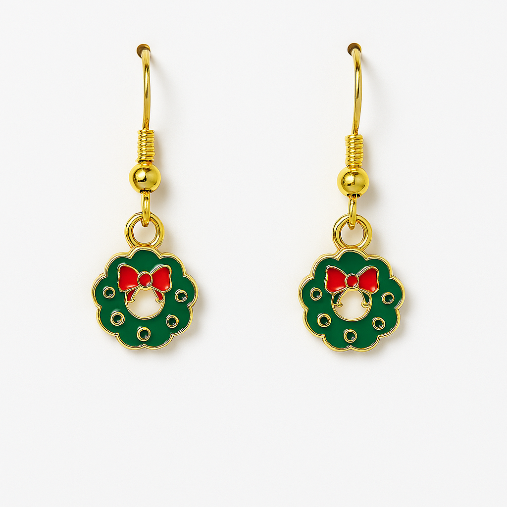 Wreath Earrings – Festive Green Enamel with Red Bow & Gold Hooks