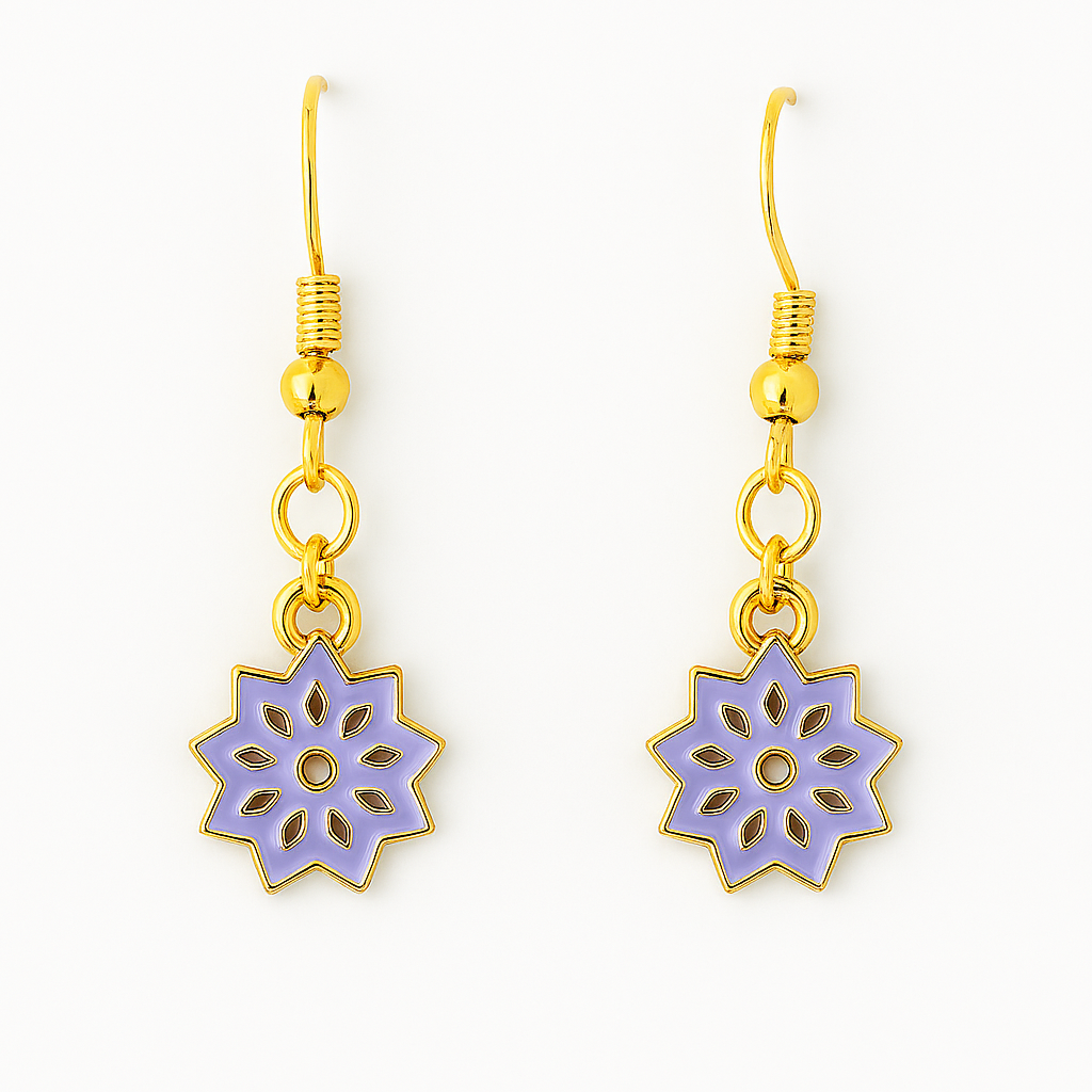 Lavender Snowflake Earrings – Winter Enamel Dangle Jewelry with Gold Hooks