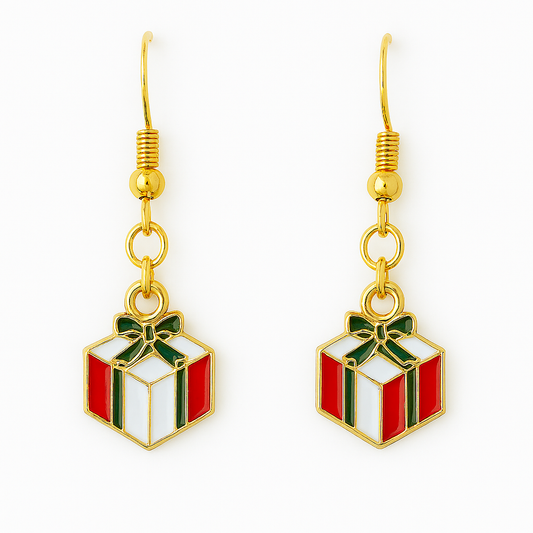 Red & White Gift Box Earrings β Holiday Dangle Jewelry with Green Bow