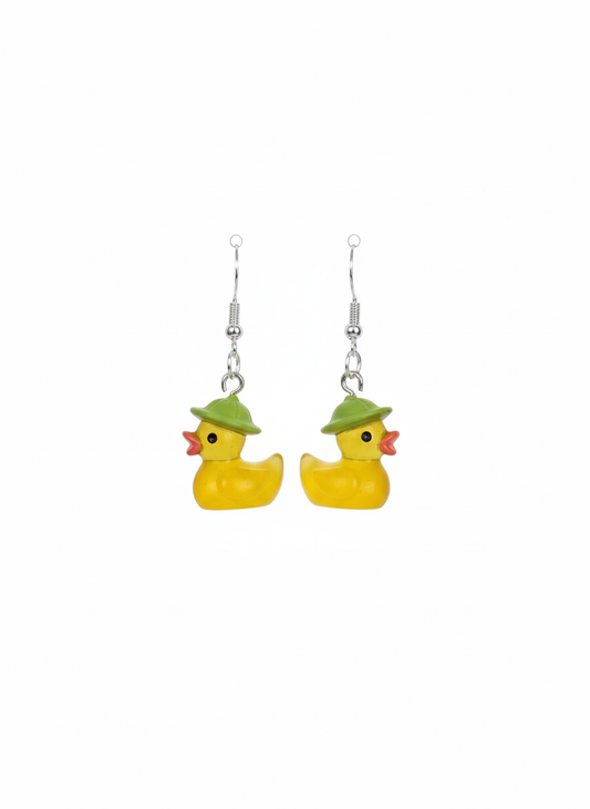Green Hat Rubber Ducky Earrings