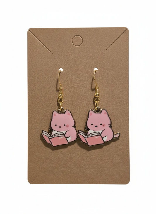Cute Pink Reading Cat Earrings