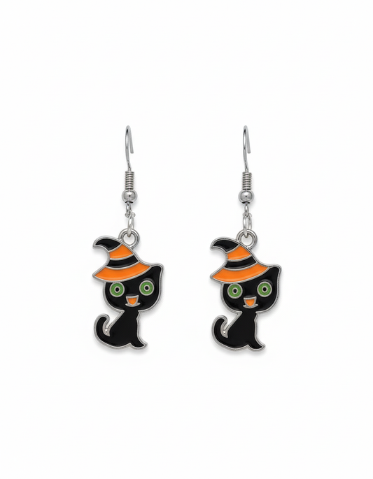 Halloween π cute witches black cat earrings with hat