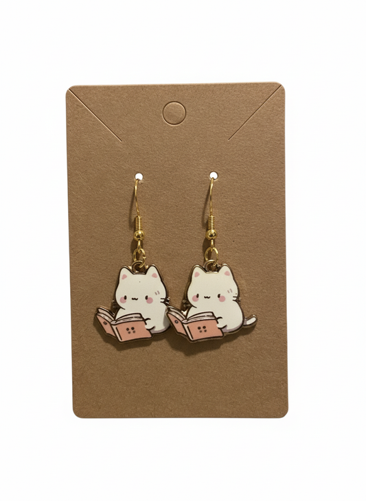 Cute Reading White Cat Earrings