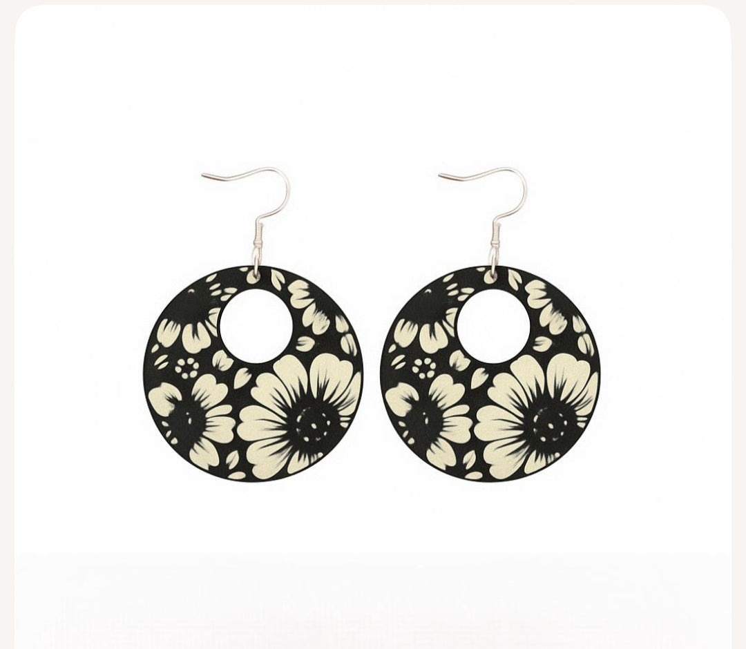 Black and white flower earrings