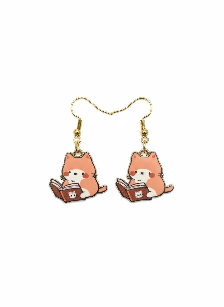 Cute Orange Reading Cat Earrings