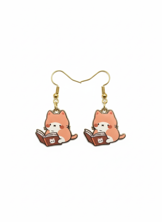 Cute Orange Reading Cat Earrings