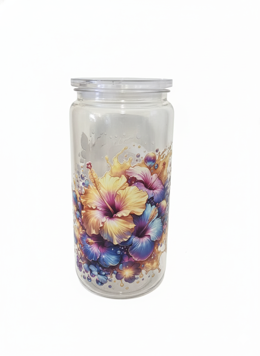 Magical Flower Tumbler. Golden, Blues & Pinks
