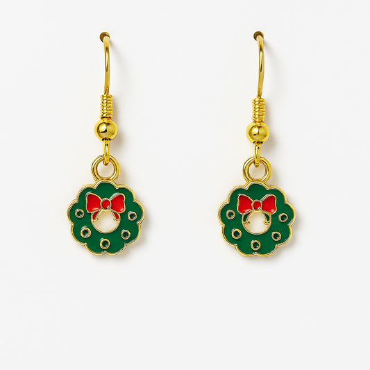 Wreath Earrings – Festive Green Enamel with Red Bow & Gold Hooks