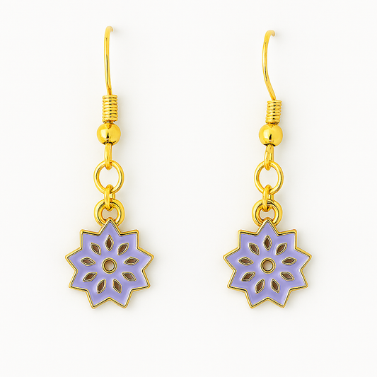 Lavender Snowflake Earrings – Winter Enamel Dangle Jewelry with Gold Hooks