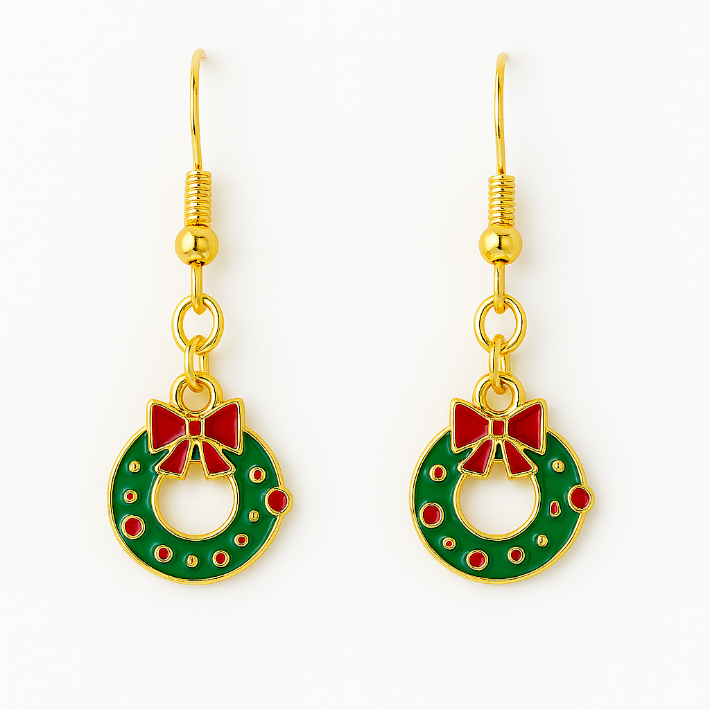 Festive Christmas Wreath Earrings with Red Bow – Holiday Jewelry Gift
