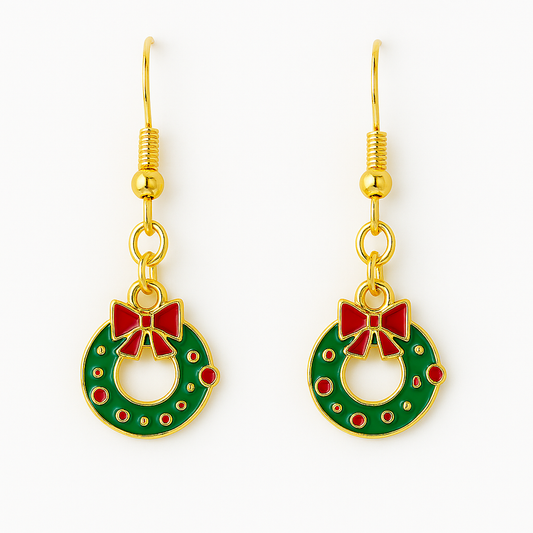 Festive Christmas Wreath Earrings with Red Bow – Holiday Jewelry Gift