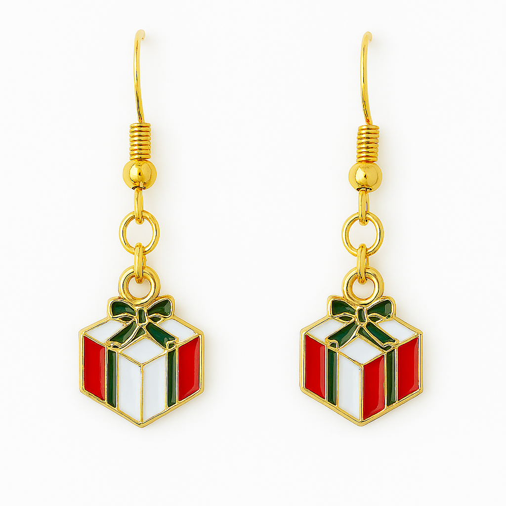 Red & White Gift Box Earrings – Holiday Dangle Jewelry with Green Bow