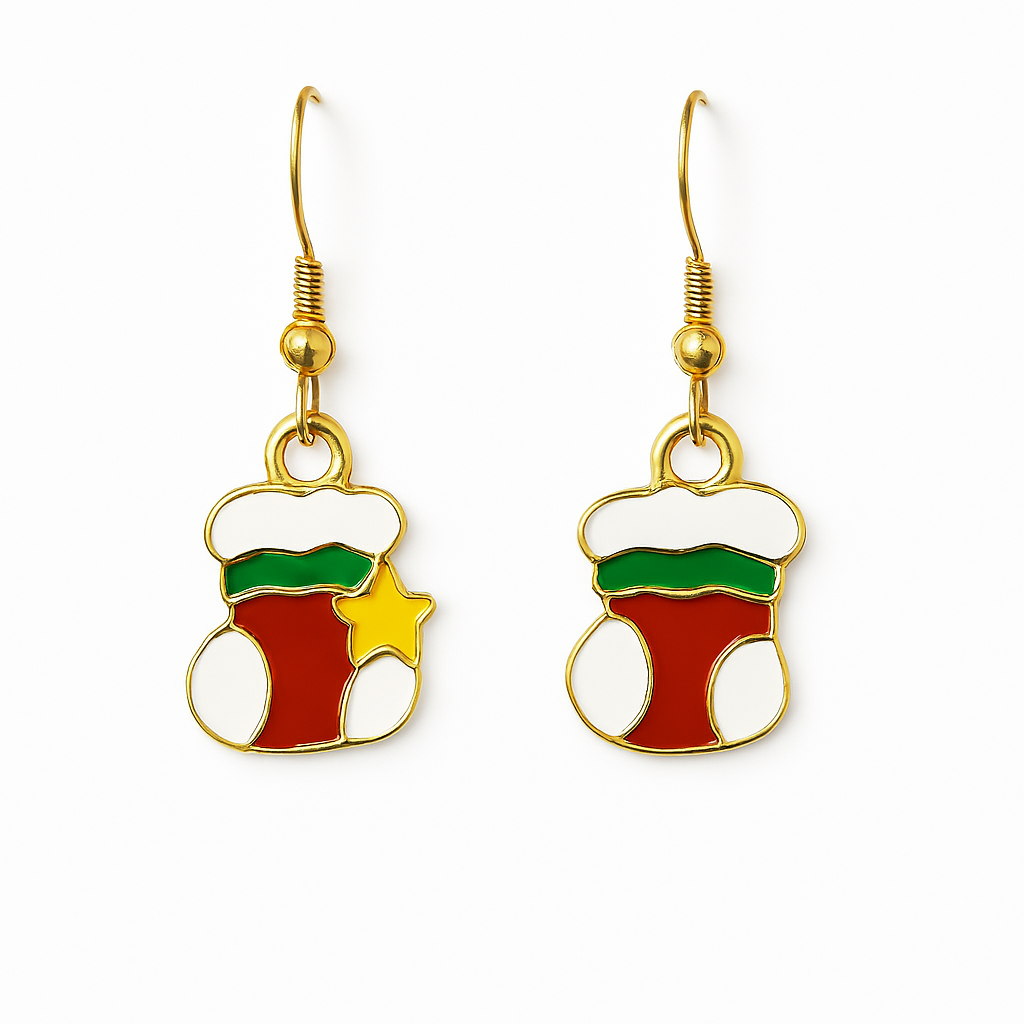 Christmas Stocking Earrings – Red Enamel with Green Trim & Gold Star