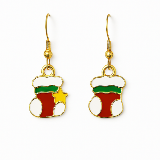 Christmas Stocking Earrings – Red Enamel with Green Trim & Gold Star