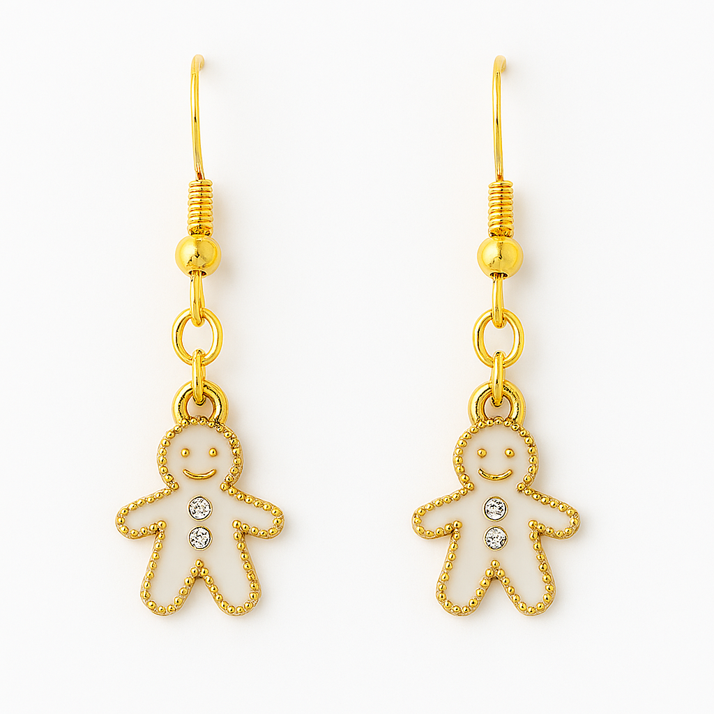 Cute Gingerbread Man Earrings – White Enamel Holiday Dangle Jewelry
