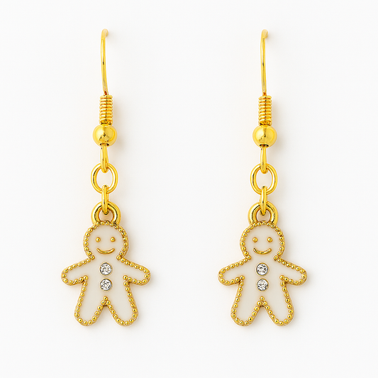 Cute Gingerbread Man Earrings – White Enamel Holiday Dangle Jewelry