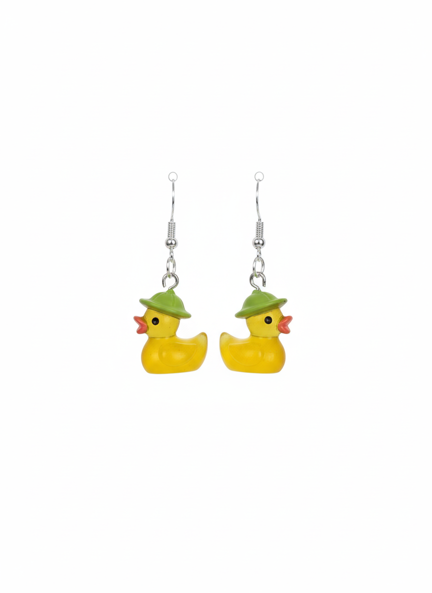 Green Hat Rubber Ducky Earrings